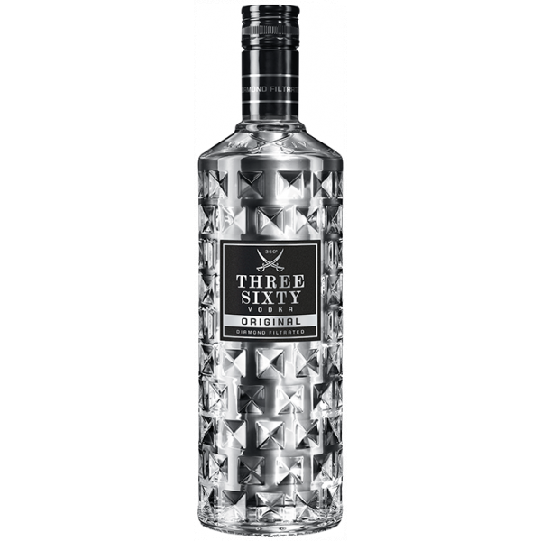 Flasche Three Sixty Vodka 700ml, erkennbar an ihrem einzigartigen, facettenreichen Design, das wie ein geschliffener Diamant schimmert. Diese Premium-Wodka-Marke ist bekannt für ihre Reinheit und den sanften Geschmack.