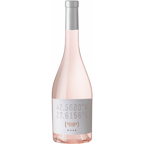 Find Me Rose Syrah & Cabernet Franc, bulgarischer Wein mit eleganter Flasche, Koordinaten auf dem Etikett.