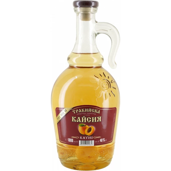 Thrakische Aprikose 1l (Trakijska Kaysieva) , bulgarische Aprikosenspirituose in einer dekorativen 1-Liter-Flasche mit Griff und 2 Aprikosen drinnen, 40 % Alkoholgehalt