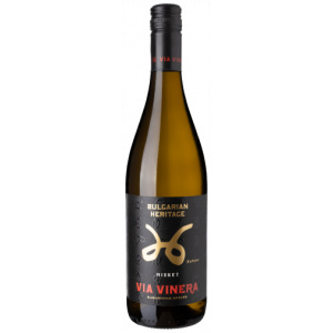Weinflasche Bulgarisches Erbe (Bulgarian Heritage) Misket von Via Vinera, bulgarischer aromatischer Weißwein mit goldener Verzierung auf schwarzem Etiket