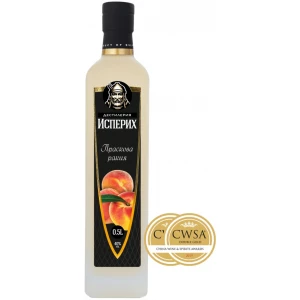 Flasche Pfirsich (Praskovena) Rakia von Destileria Isperih, bulgarischer Pfirsichschnaps mit 40 % Alkohol, ausgezeichnet mit einer Double Gold-Medaille bei den China Wine & Spirits Awards 2019