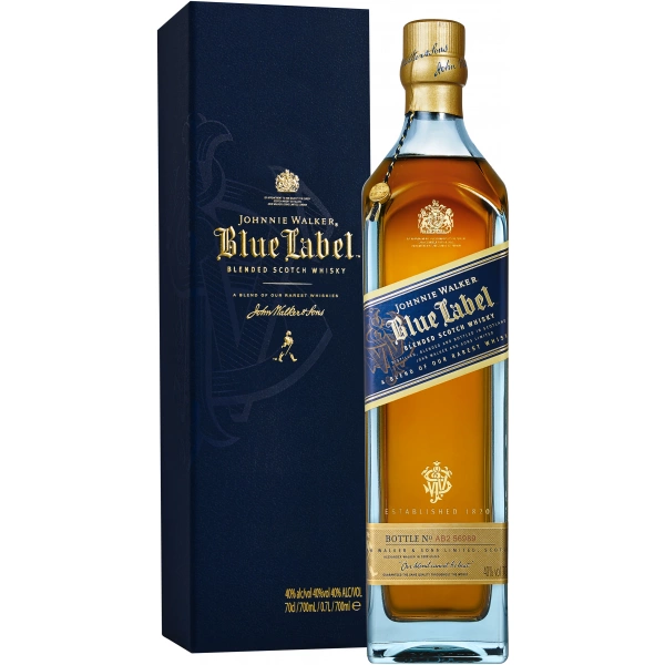 Johnnie Walker Blue Label, ein luxuriöser Blended Scotch Whisky in einer eleganten, blauen Geschenkverpackung, bekannt für seine seltenen und komplexen Aromen.
