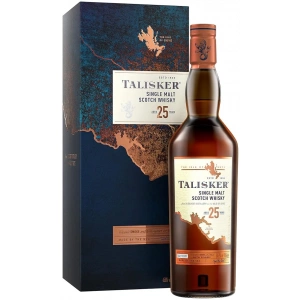 Talisker 25 Jahre Single Malt Scotch Whisky – edle Geschenkbox mit Flasche aus der Isle of Skye, Schottland. Gereift für 25 Jahre, mit intensivem Geschmack nach Rauch, Salz und maritimer Tiefe – Premium-Whisky für Kenner und solche die einer werden wollen.