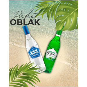 Zwei Flaschen bulgarischer Spirituosen – Mastika Peshtera (weiß) und Menta Peshtera (grün) – liegen am tropischen Sandstrand mit Palmenblättern und türkisblauem Wasser, dazu der Schriftzug „Paket OBLAK“.
