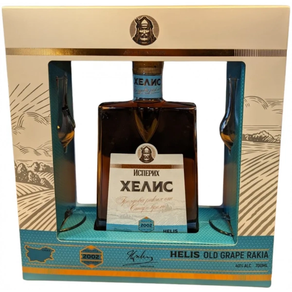 Geschenkset Isperih Helis Trauben Rakia 2002 – gereifter bulgarischer Traubenbrand aus Dimiat und Rkatsiteli, 0,7 L, 40 % vol., mit zwei Gläsern.